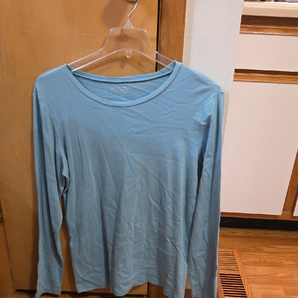 Eddie Bauer Women's Light Blue 100% Cotton Long Sleeve Tee